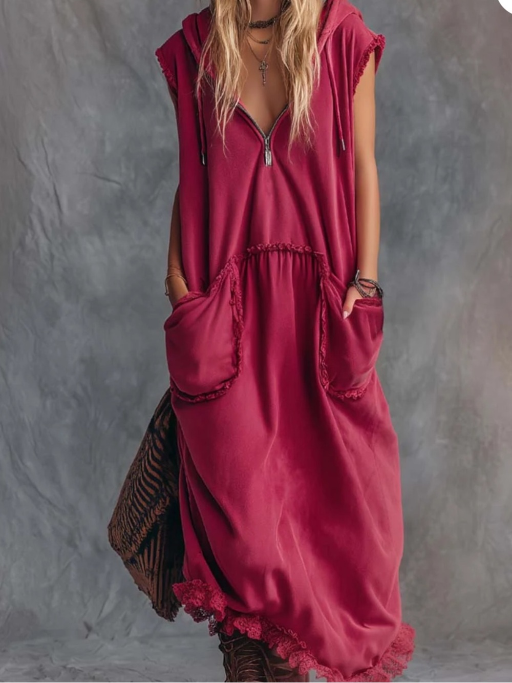 NWT Oyrosy Casual Sporty Hooded V-neck Front Zip Lace Trim Sleeveless Dress